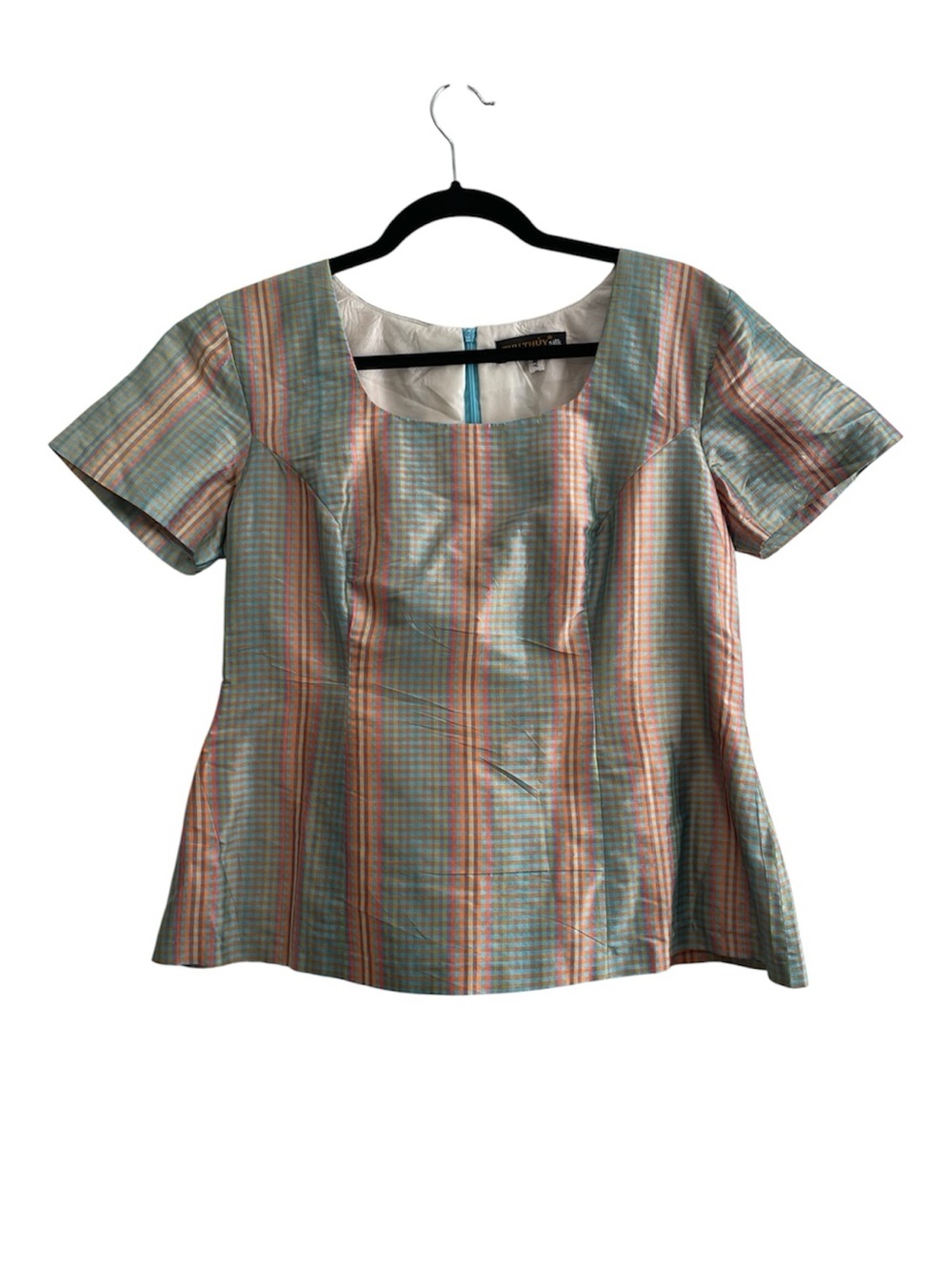 Vintage‎ Thai Silk Pastel Plaid Blouse Coastal Vacation Chic Cottagecore Top